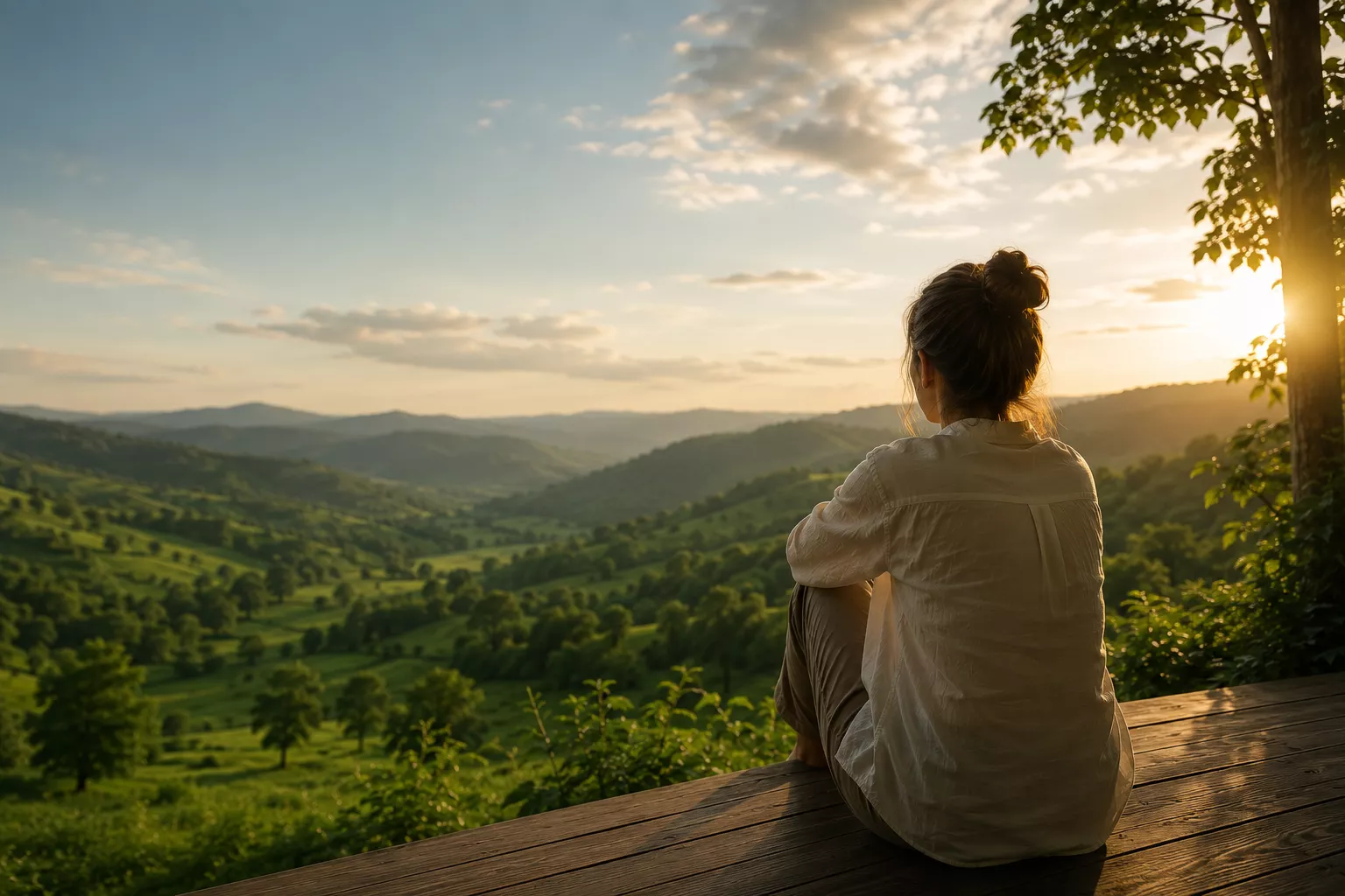 Mulher contemplando a paisagem ao entardecer